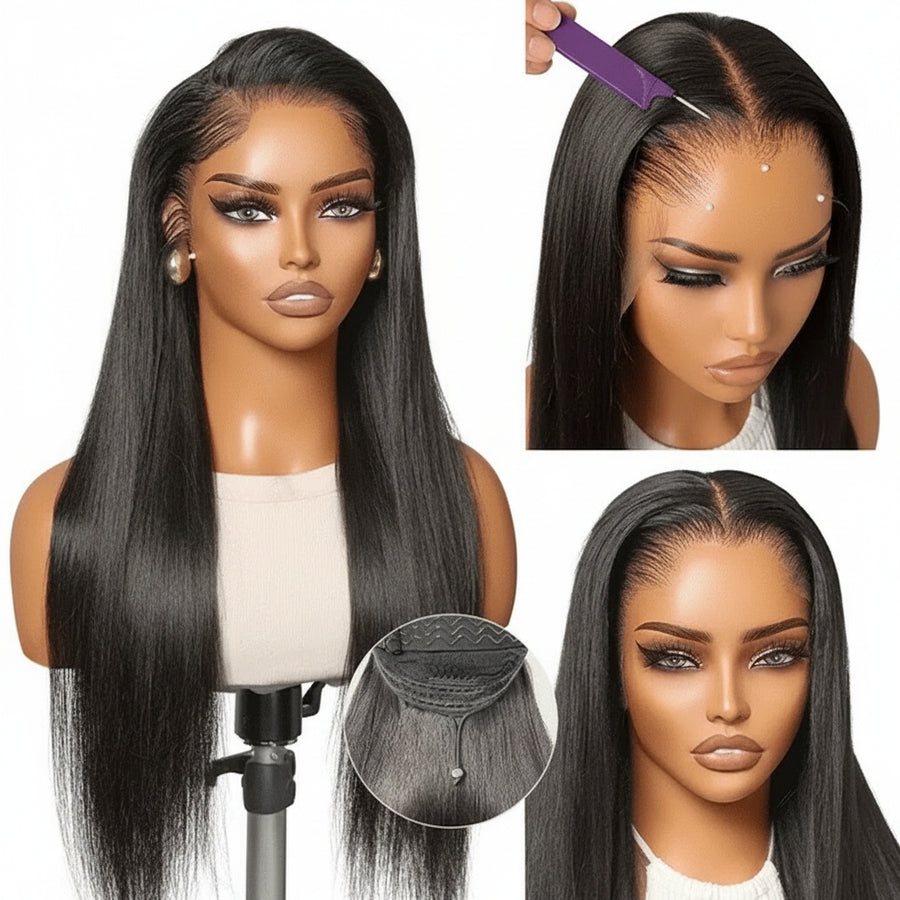 Pre-do Lagos Hairline Flexi Fit Invisi Drawstring Cap Natural Black & Copper Ombre Highlights Silky Straight Glueless (13x4 Frontal HD Lace Wig Pre-Cut Lace)