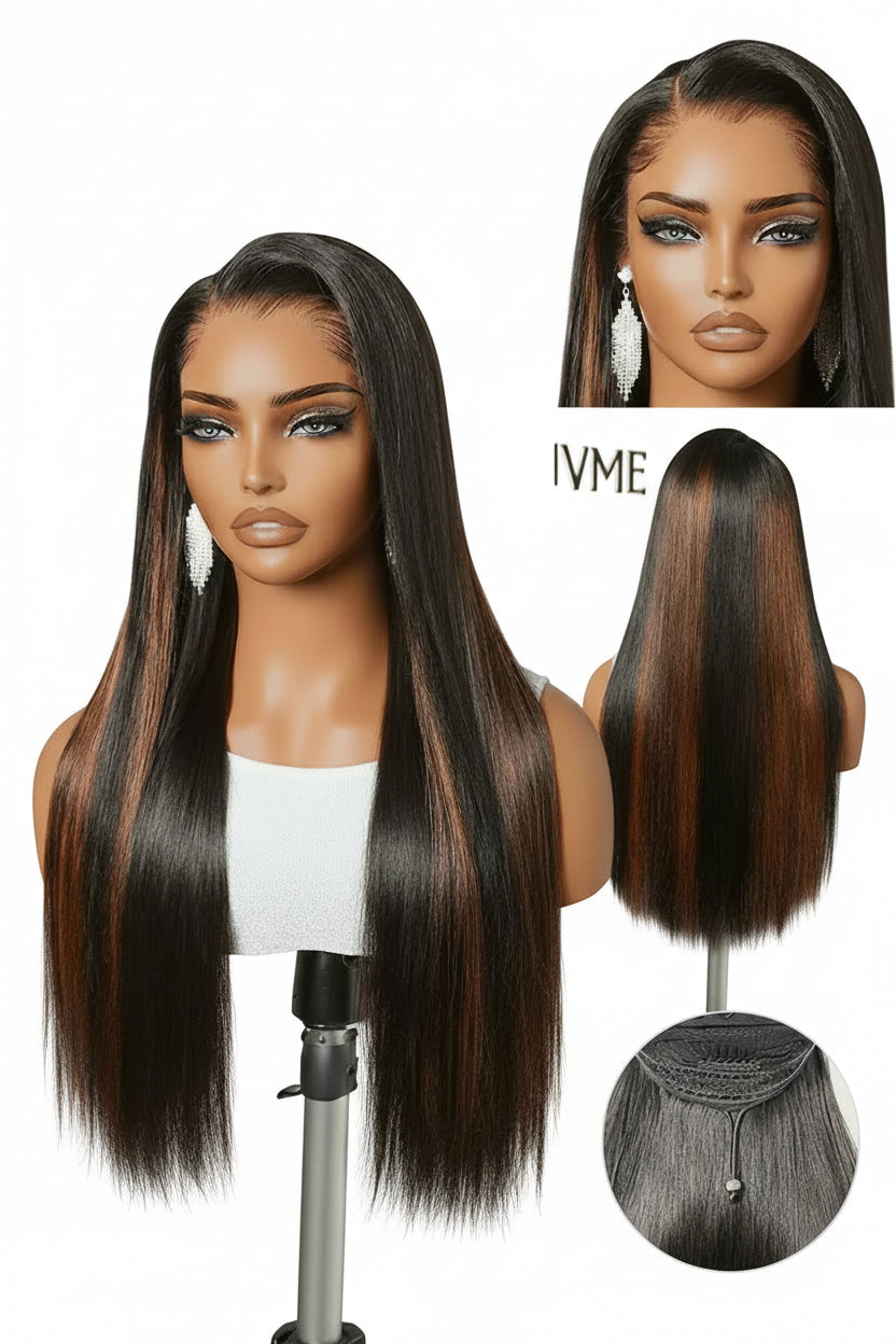 Pre-do Lagos Hairline Flexi Fit Invisi Drawstring Cap Natural Black & Copper Ombre Highlights Silky Straight Glueless (13x4 Frontal HD Lace Wig Pre-Cut Lace)