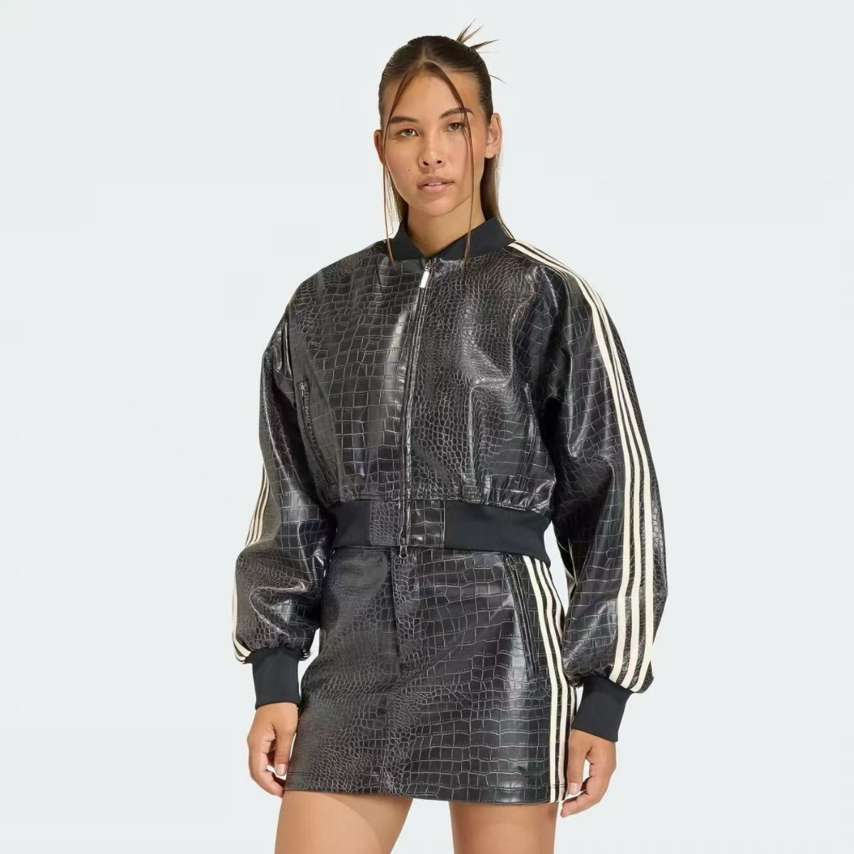 Adidas Croc-Texture Stripe Jacket & Skirt Set