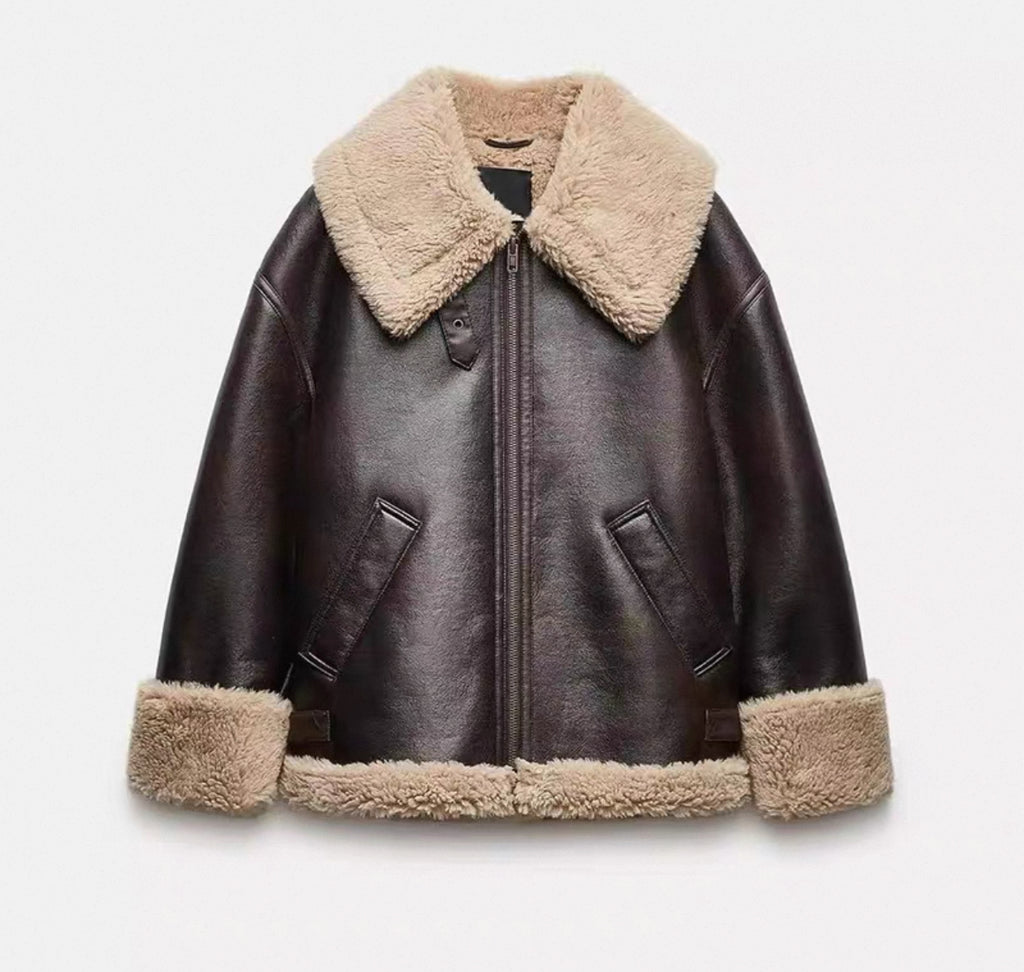 Zara Brown Women’s Luxe Shearling Aviator Jacket
